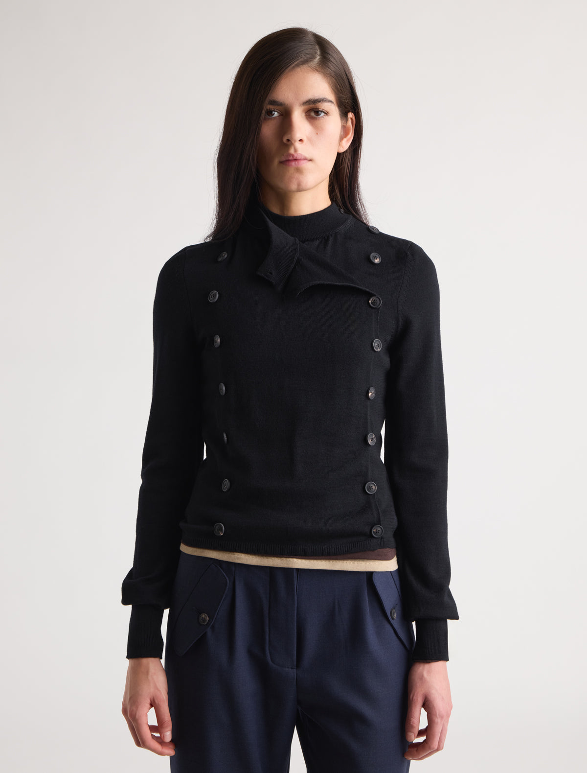 Nancy high neck knitted sweater double rows buttons front sides black