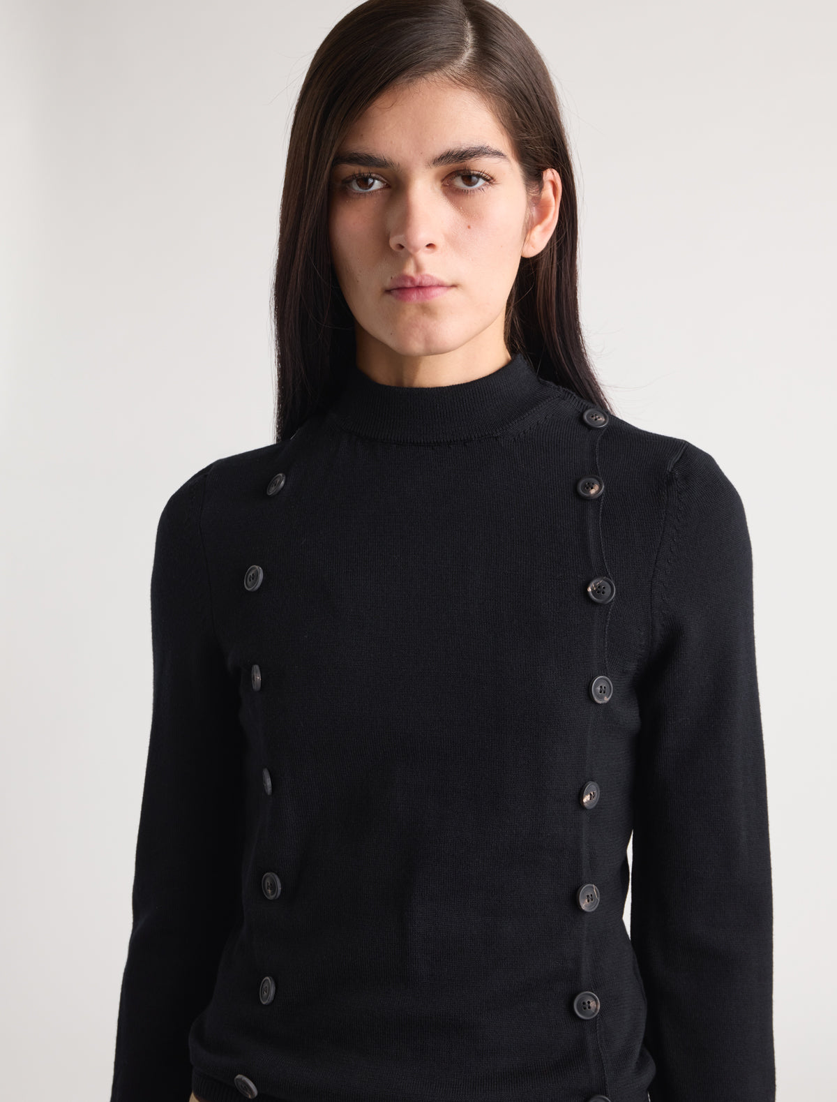 Nancy high neck knitted sweater double rows buttons front sides black