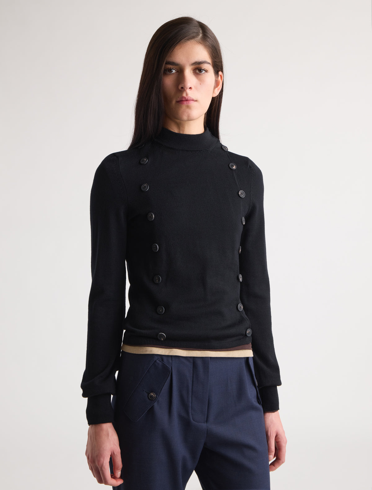 Nancy high neck knitted sweater double rows buttons front sides black