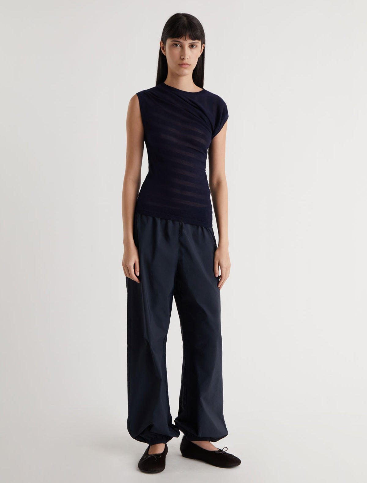 Raven asymmetric draped top striped effect knit navy