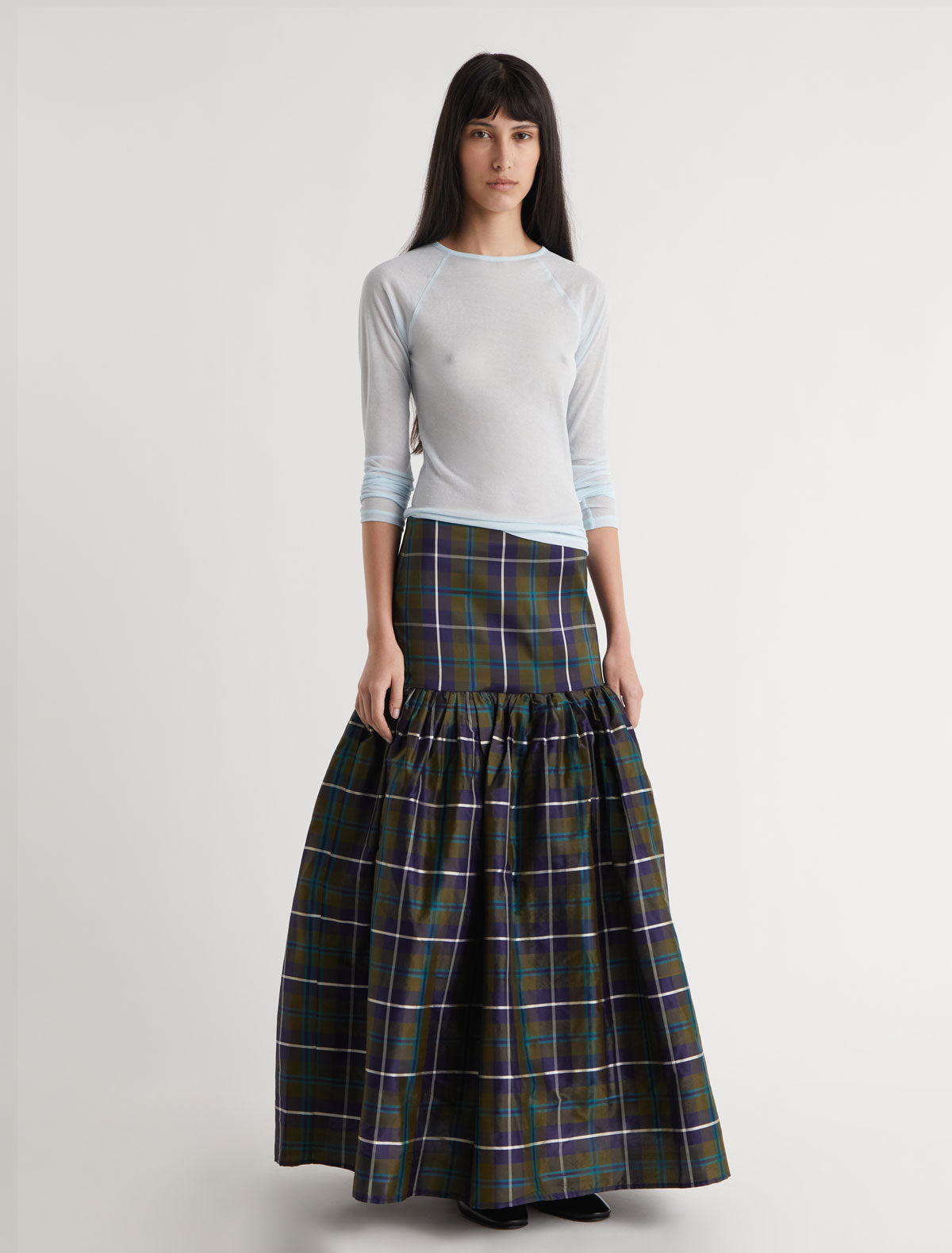 Oldy checked silk skirt puffy silhouette navy 2
