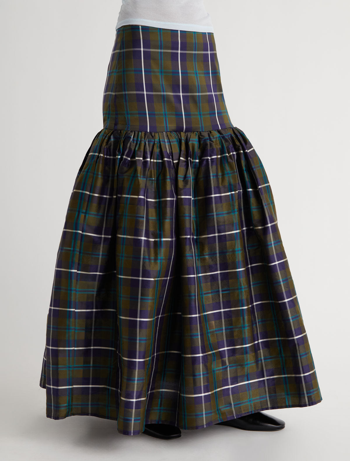 Oldy checked silk skirt puffy silhouette navy 2