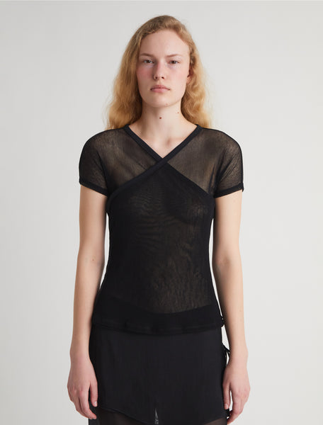OLIMPIA-Black crossed raglan tulle top with side snap closures
