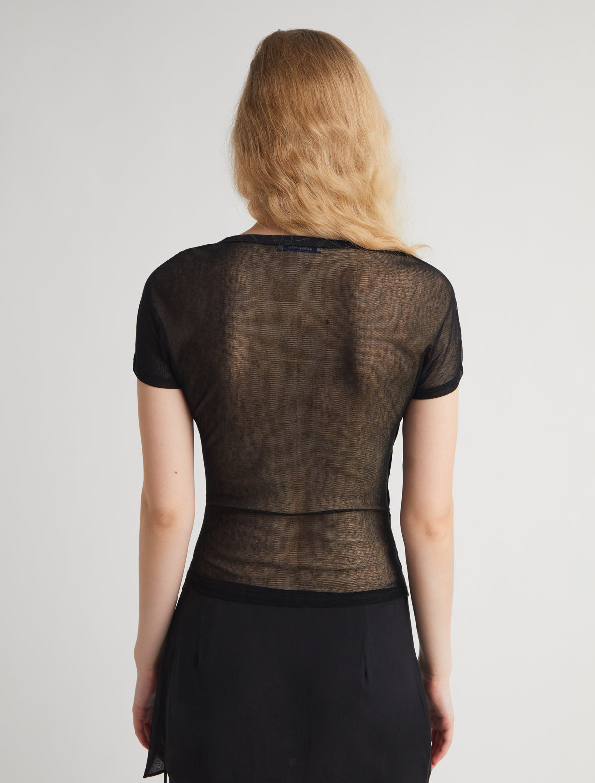 OLIMPIA-Black crossed raglan tulle top with side snap closures