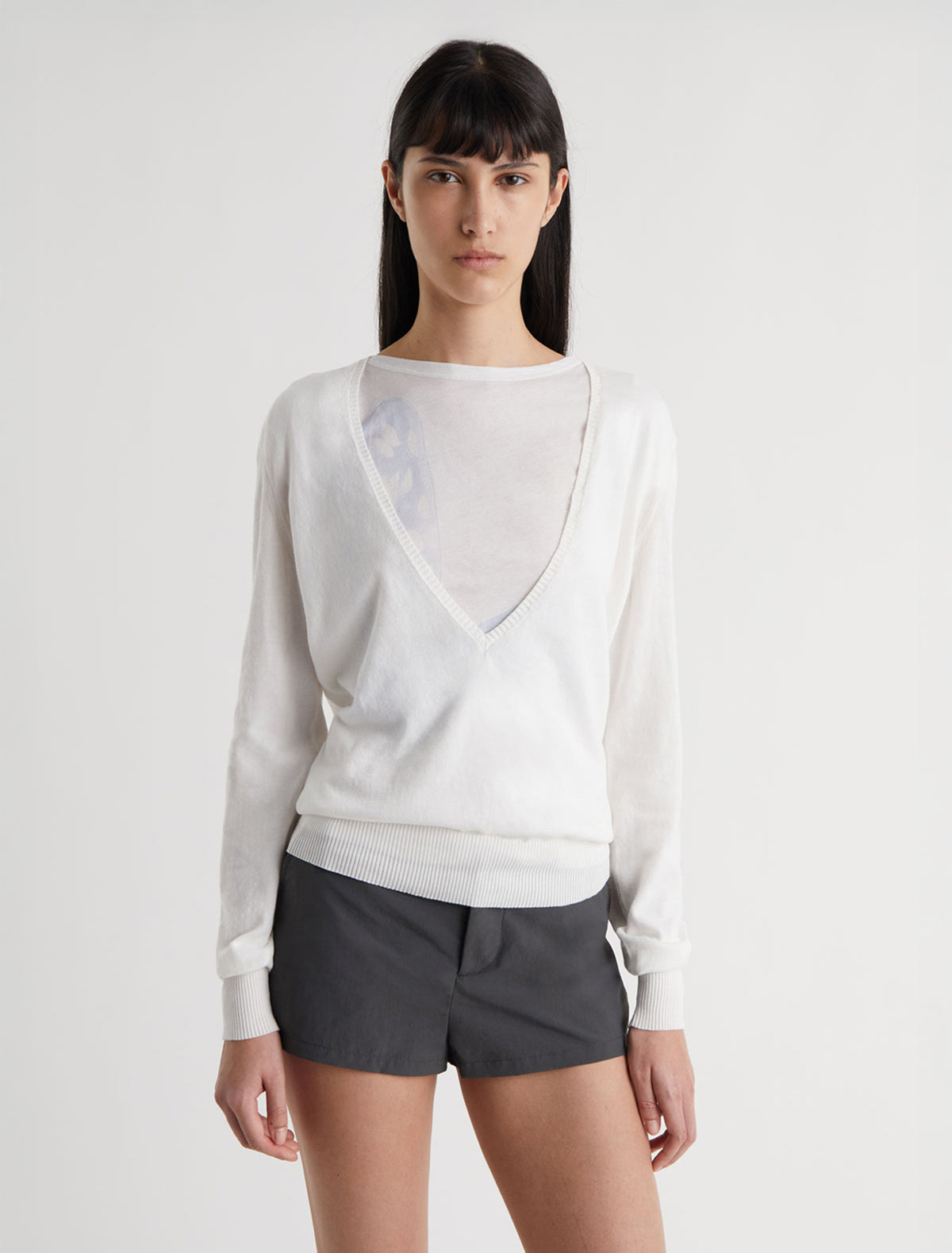 Omina long sleeve sweater deep v neckline white