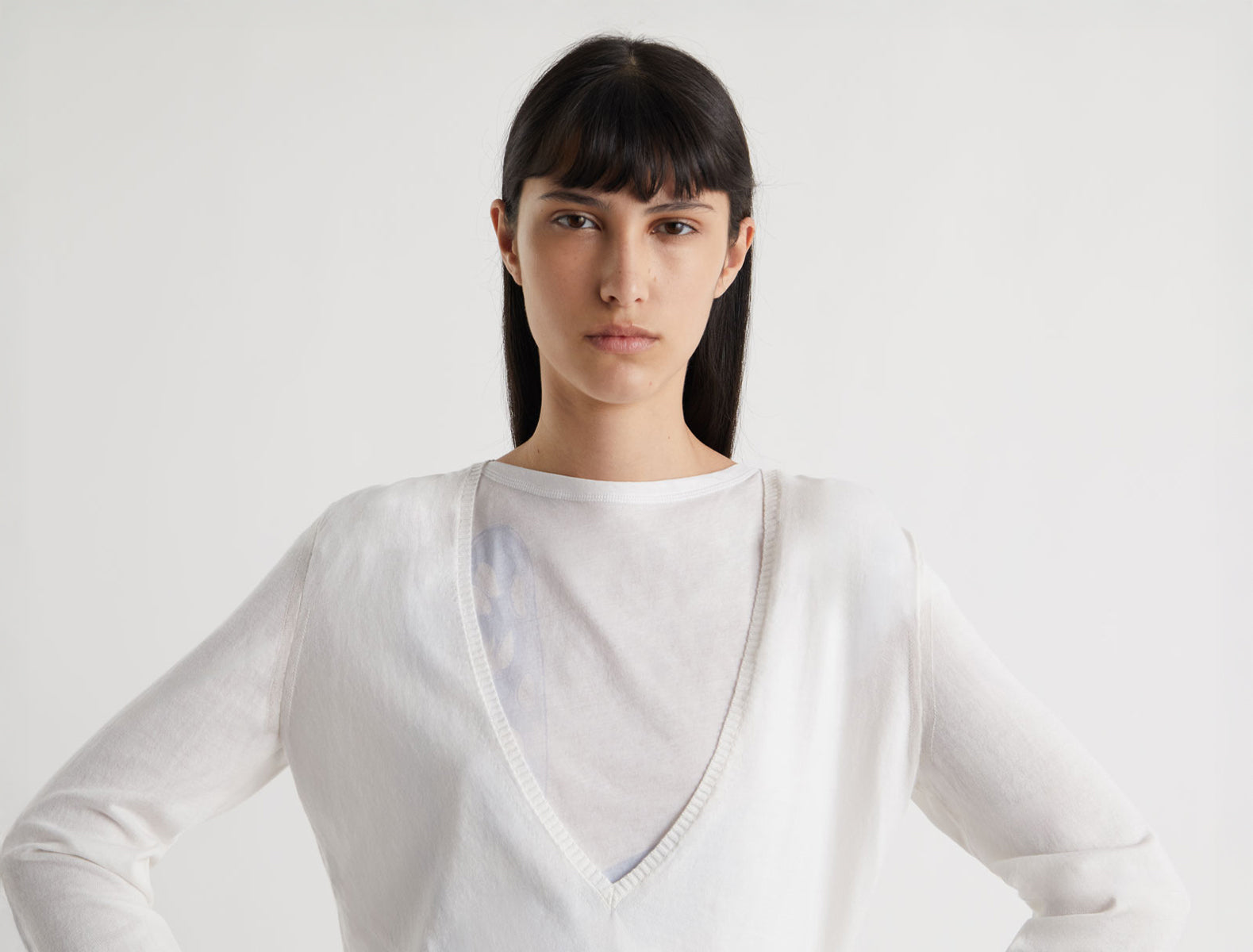 Omina long sleeve sweater deep v neckline white