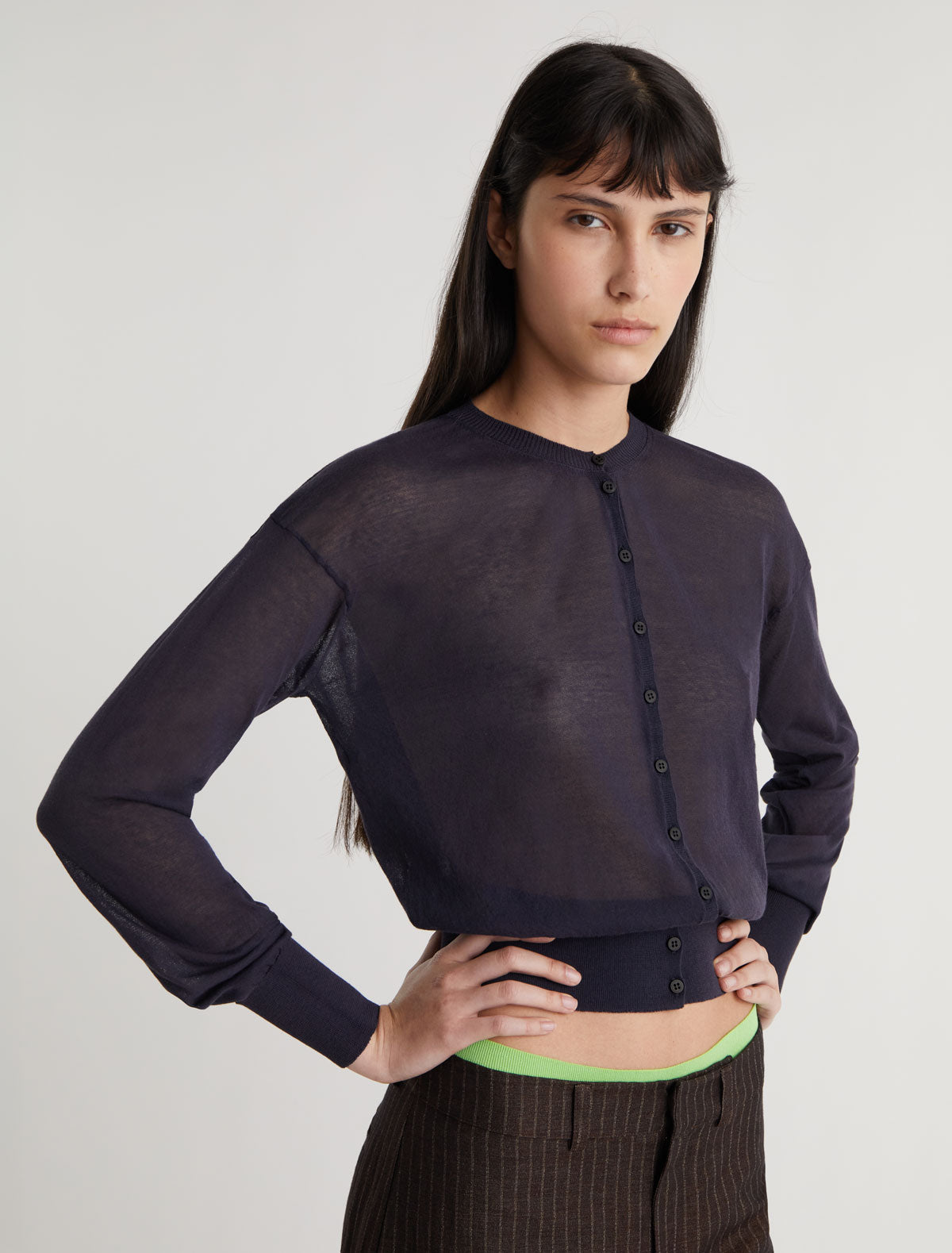 Paige slightly sheer cardigan mother of pearl buttons navy