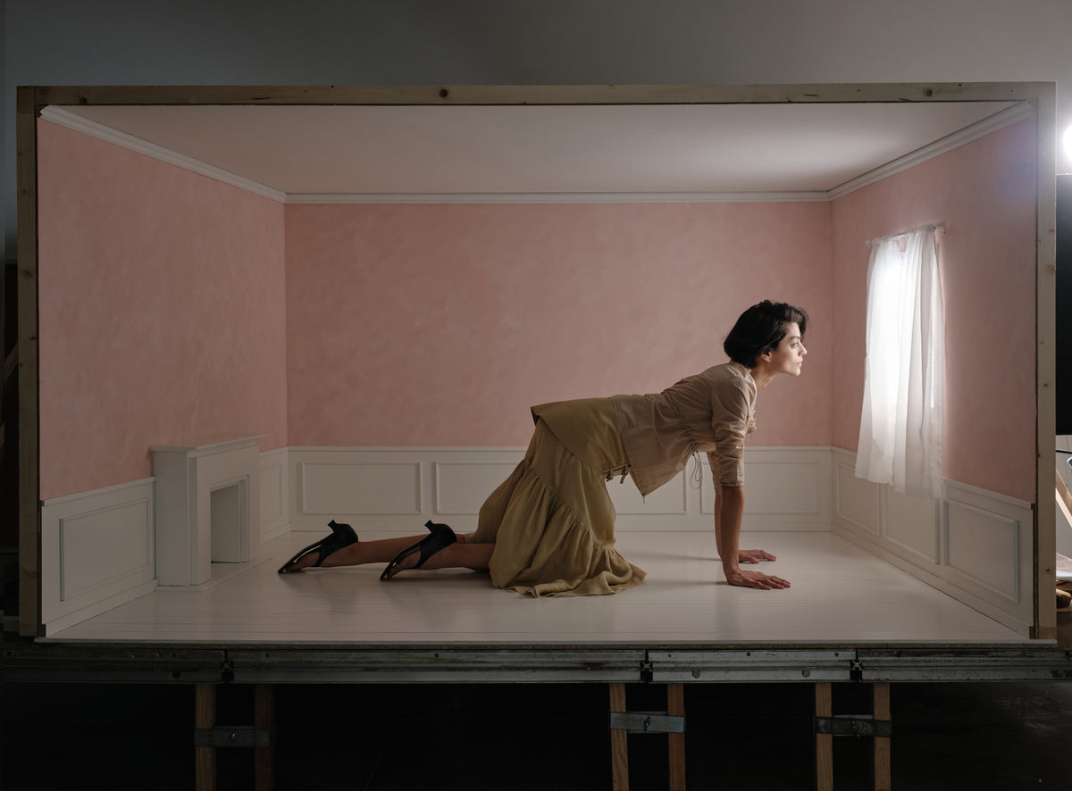 Wide image revealing the pink Paloma Wool campaign room as a constructed set