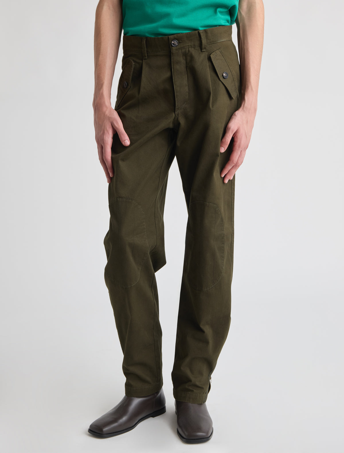 Figma b twill mens trousers rounded shape flap pockets stitched knee panels khaki
