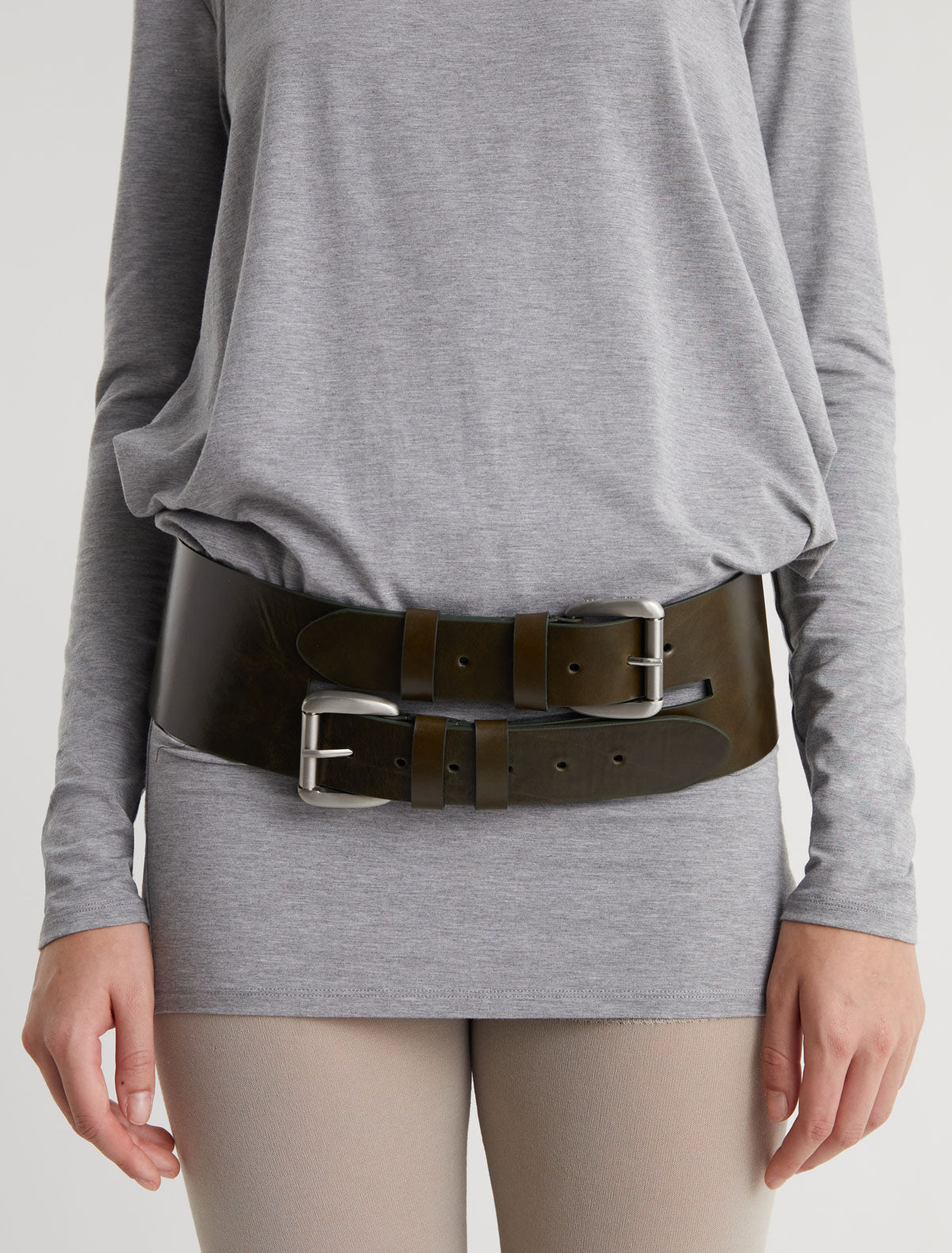Penelope wide leather belt double buckle system khaki
