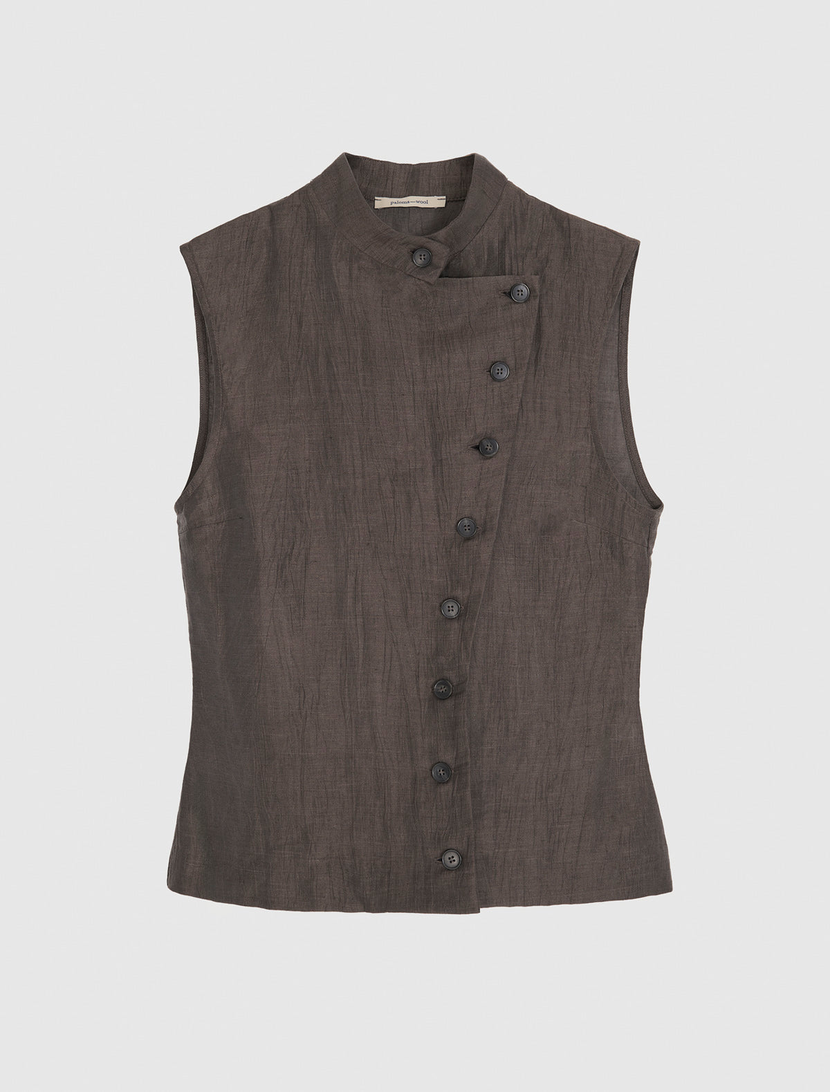 SARA-Brown high-neck top with a wrap-front button closure – paloma