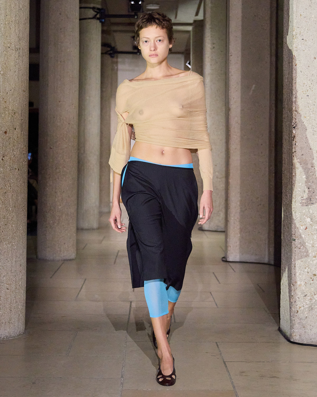 SAMIRA-Beige wrap-style knit top with an asymmetric design