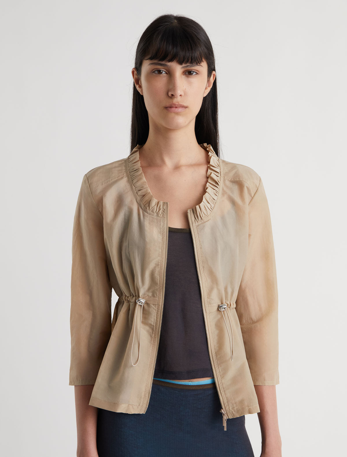 Raso slightly sheer silk nylon jacket elbow length sleeves adjustable drawstring