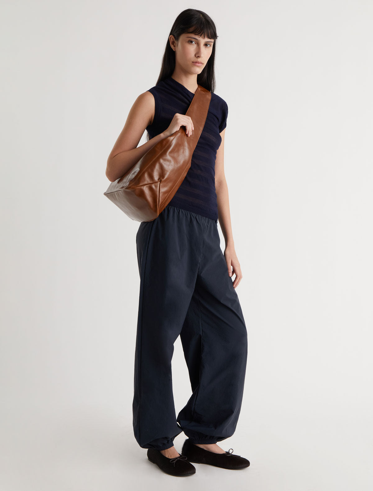 RAVEN-Navy asymmetric draped top with a striped-effect knit