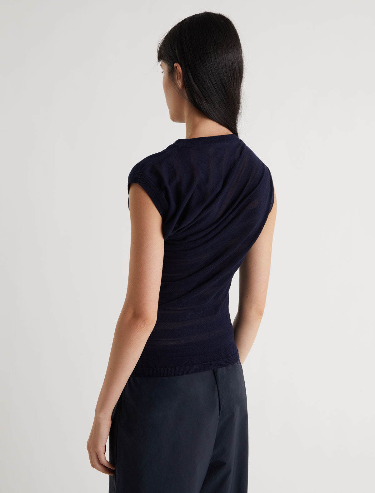 Raven asymmetric draped top striped effect knit navy