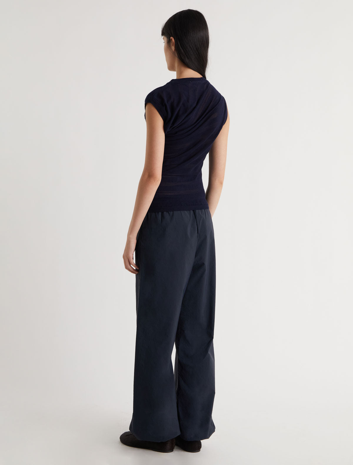 RAVEN-Navy asymmetric draped top with a striped-effect knit