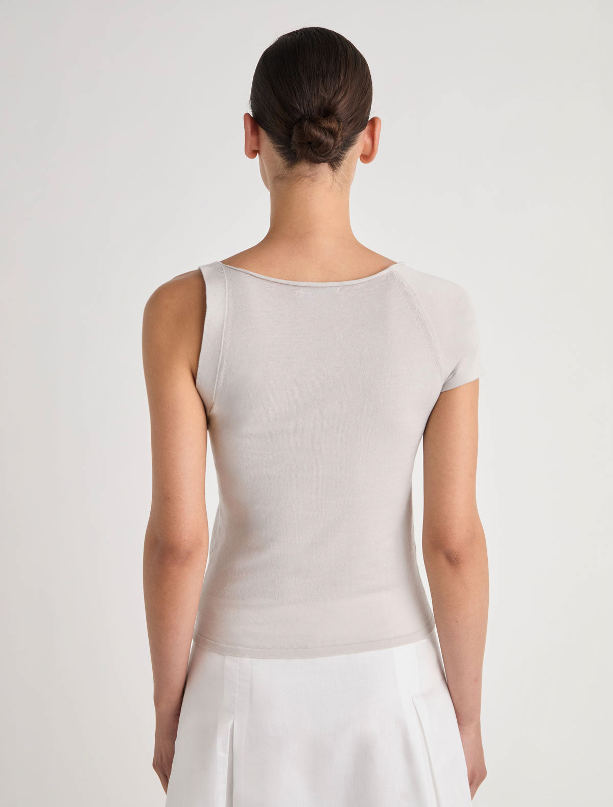 SAMIR-Grey asymmetrical top with a short sleeve on one side and a