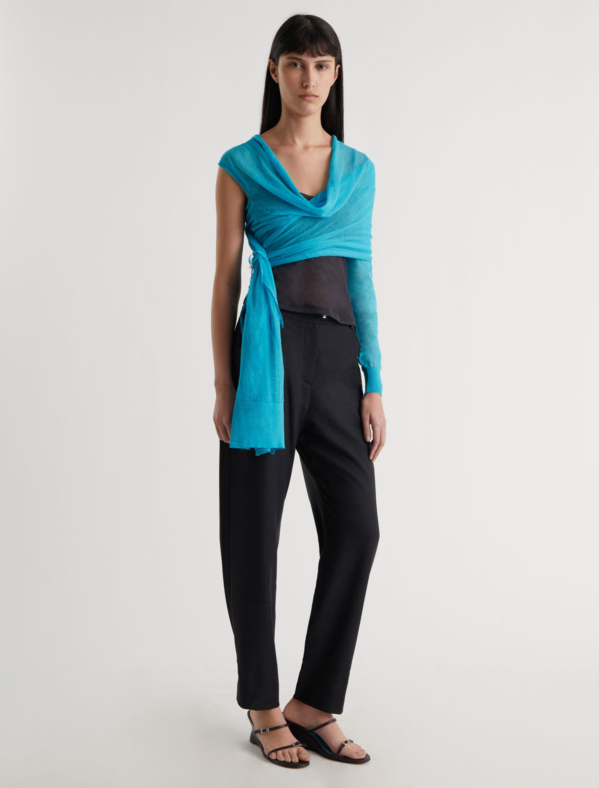 SAMIRA-Blue wrap-style knit top with an asymmetric design – paloma