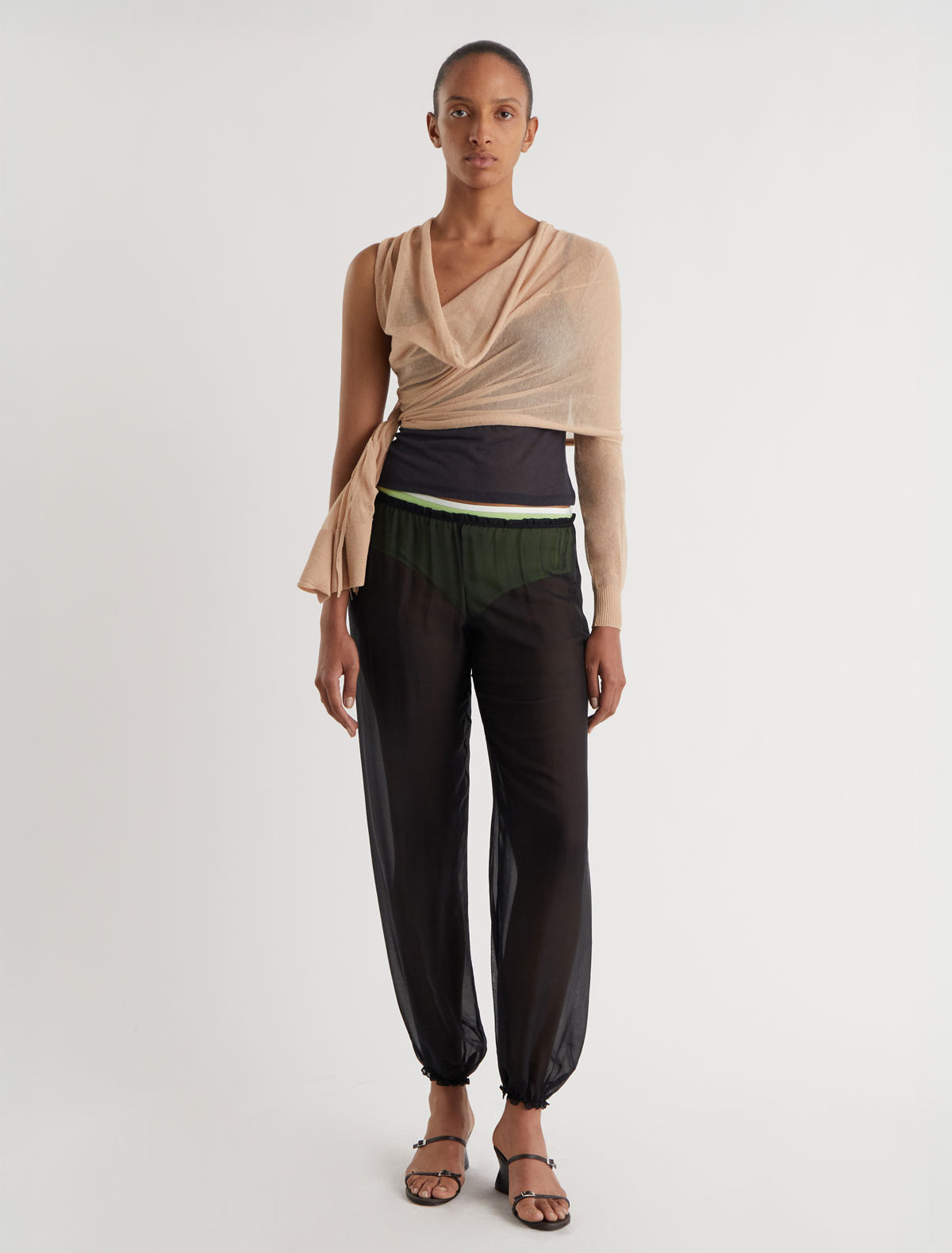 SAMIRA-Beige wrap-style knit top with an asymmetric design