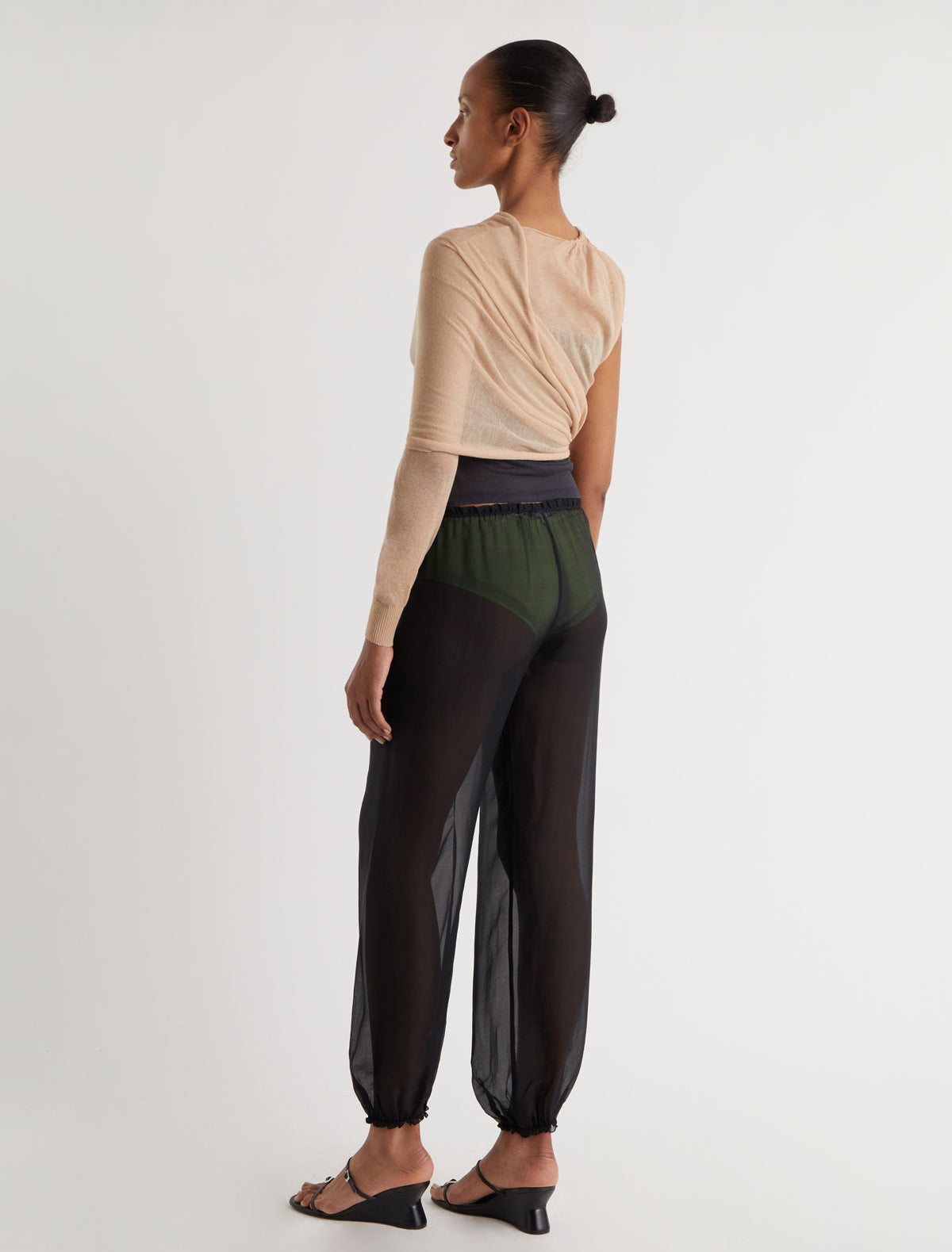 SAMIRA-Beige wrap-style knit top with an asymmetric design