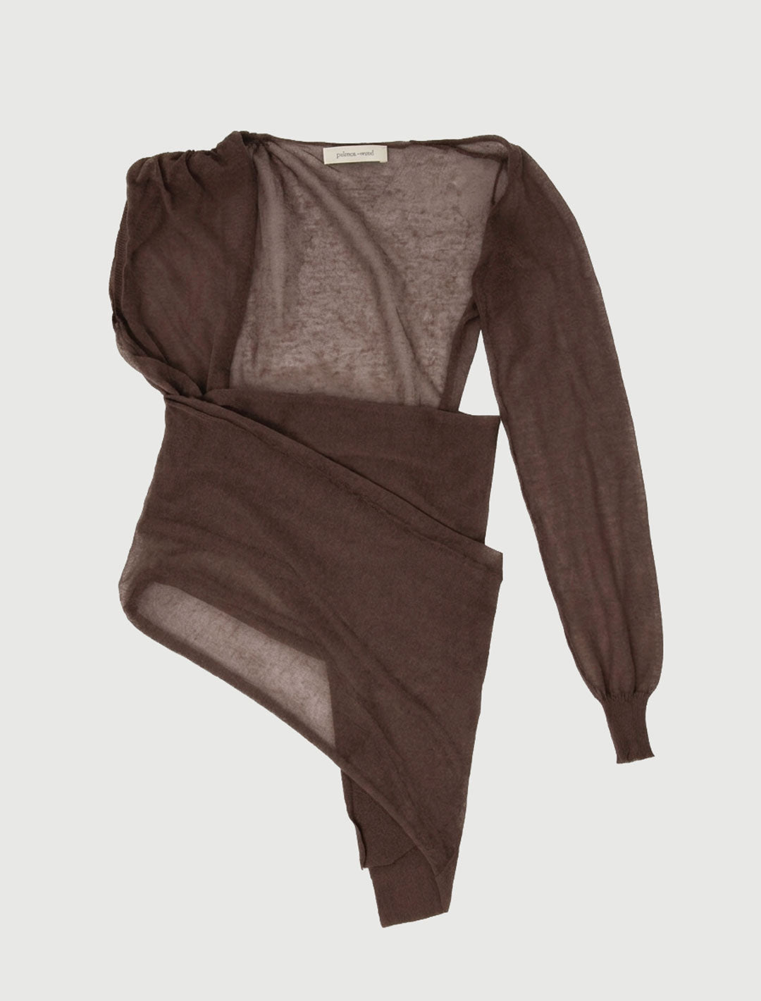 SAMIRA-Brown wrap-style knit top with an asymmetric design