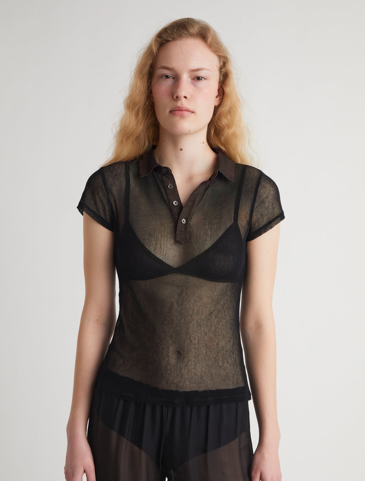 Sile ii short sleeve tulle top shirt collar linen placket black 2