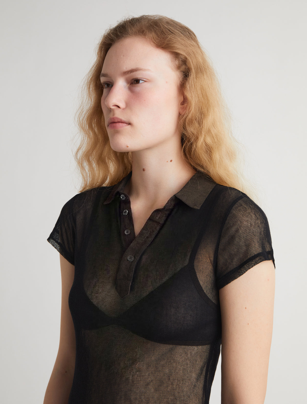 Sile ii short sleeve tulle top shirt collar linen placket black 2