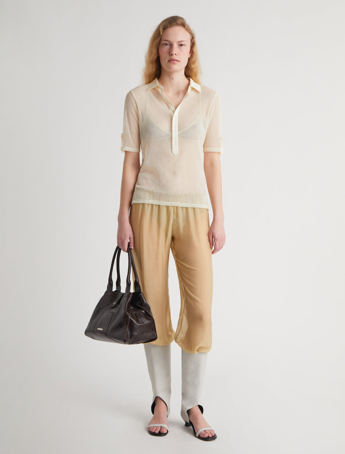 SILE-Off white tulle polo top with cotton collar and placket