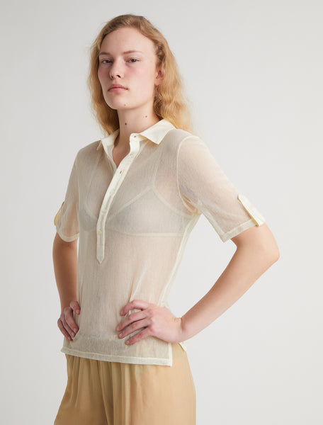 SILE-Off white tulle polo top with cotton collar and placket