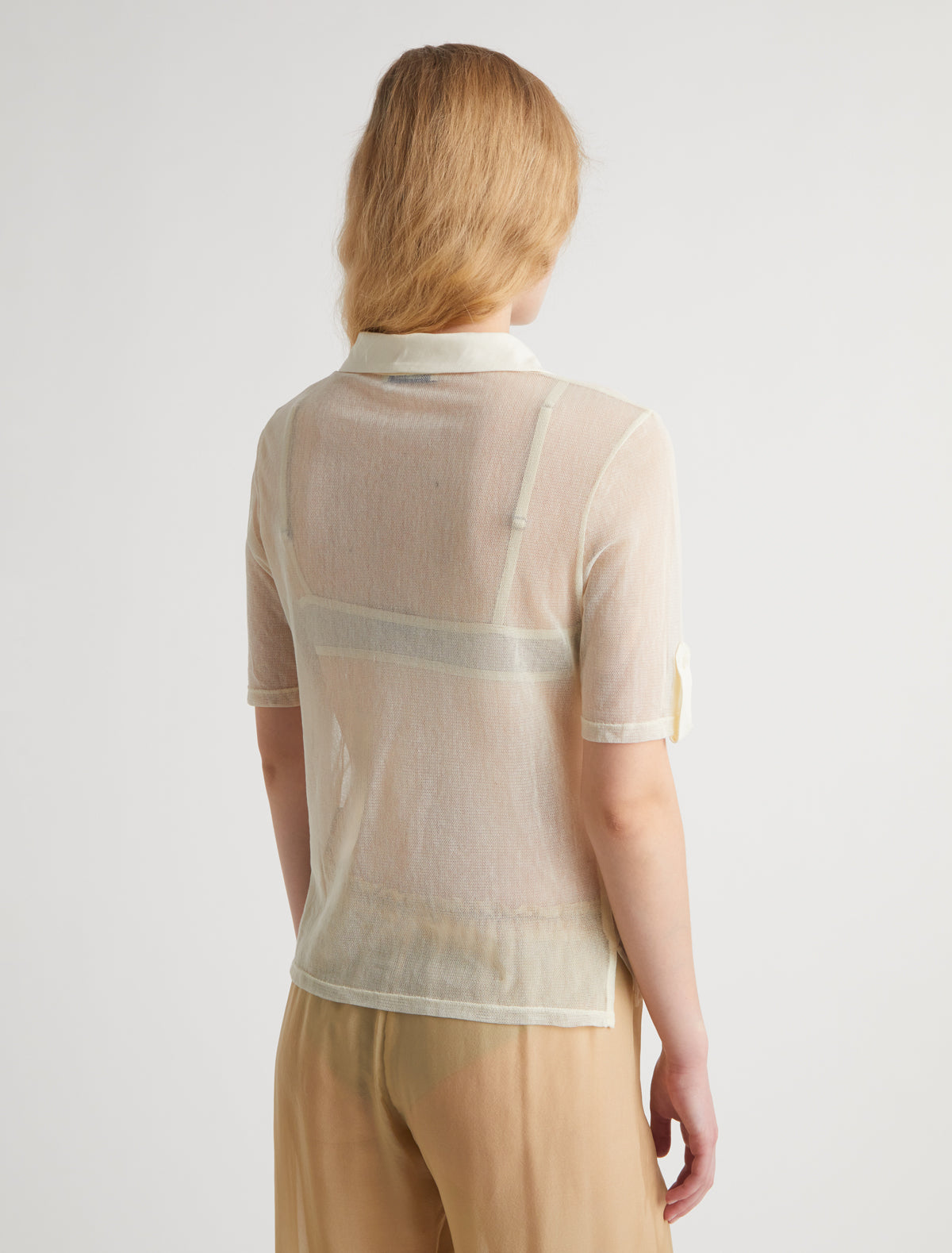 Sile tulle polo top cotton collar placket offwhite