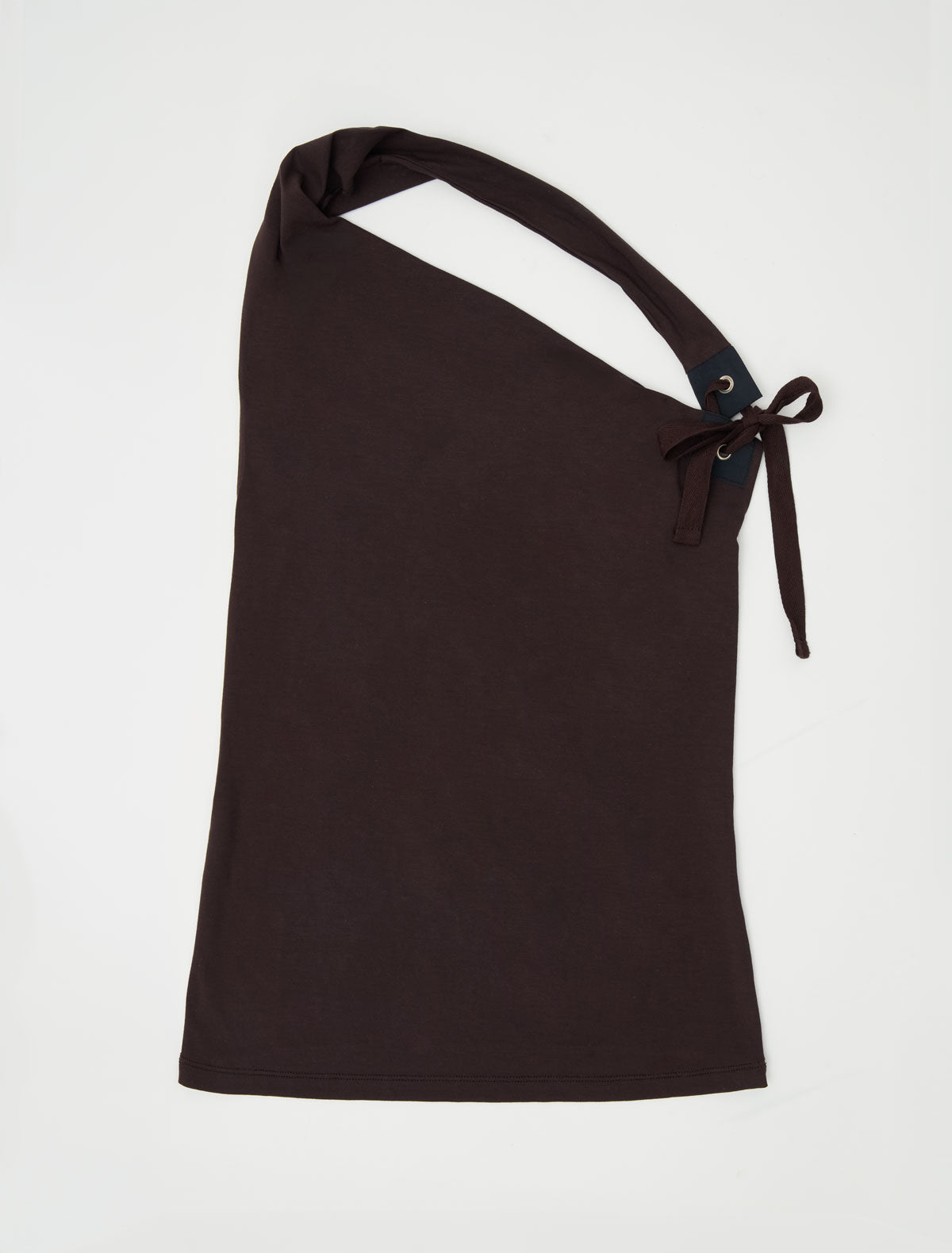 SIMULET-Brown halter top with a patch detail featuring an eyelet