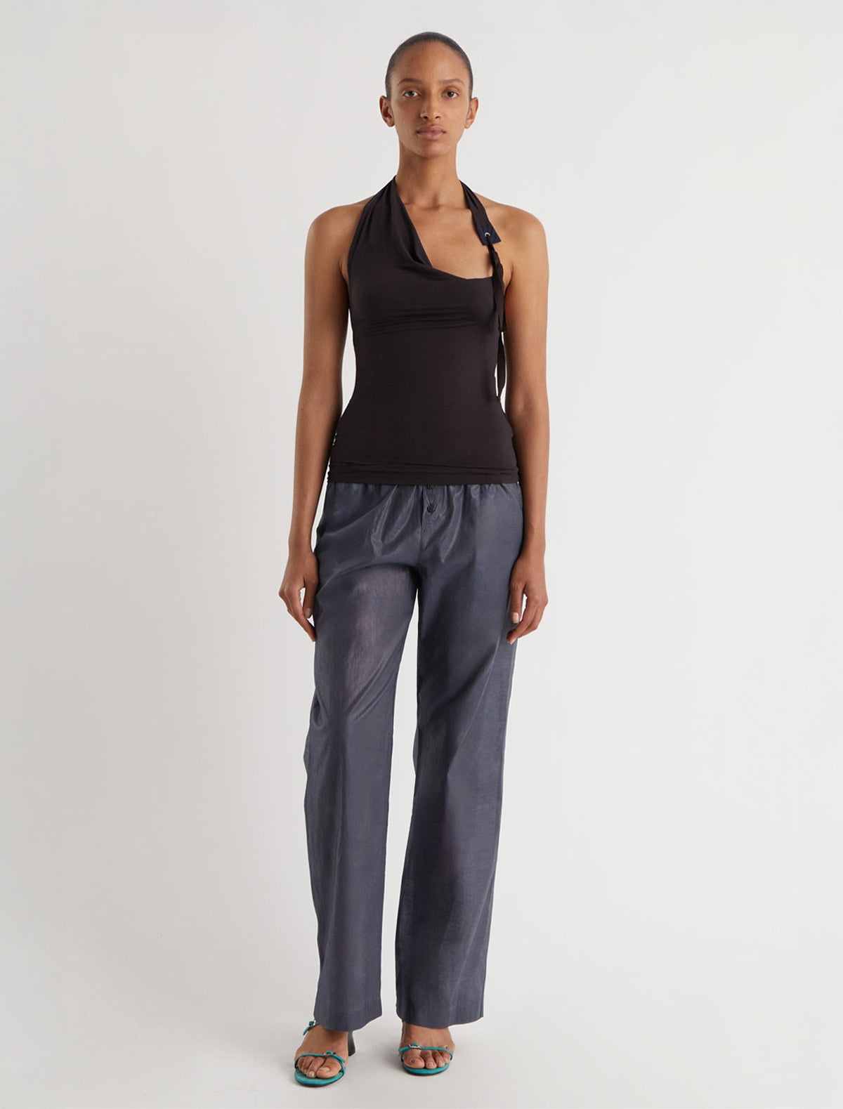 SIMULET-Brown halter top with a patch detail featuring an eyelet