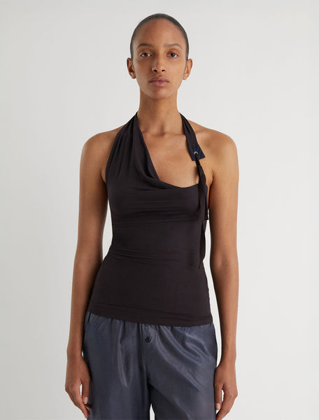 SIMULET-Brown halter top with a patch detail featuring an eyelet