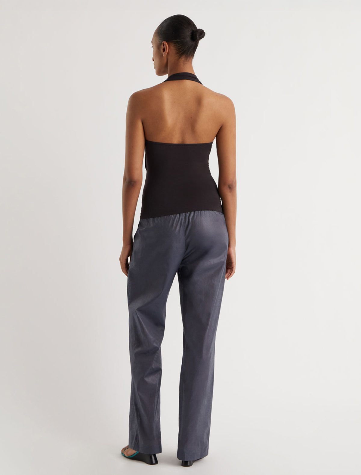 SIMULET-Brown halter top with a patch detail featuring an eyelet