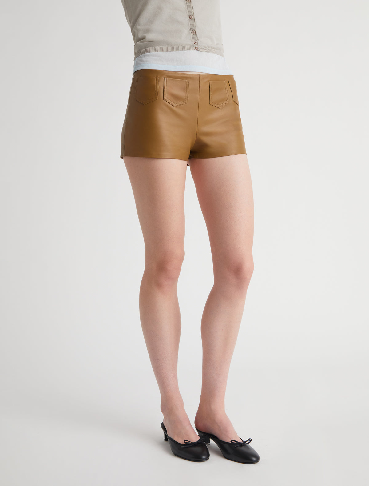Suau soft leather shorts mini pockets detailing waistband