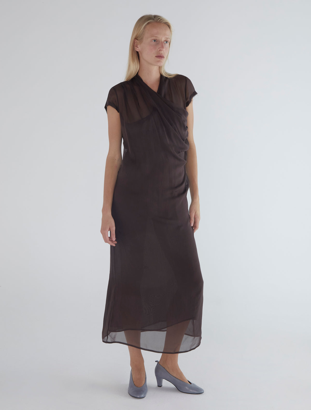 Sully long silk dress crossover neckline brown