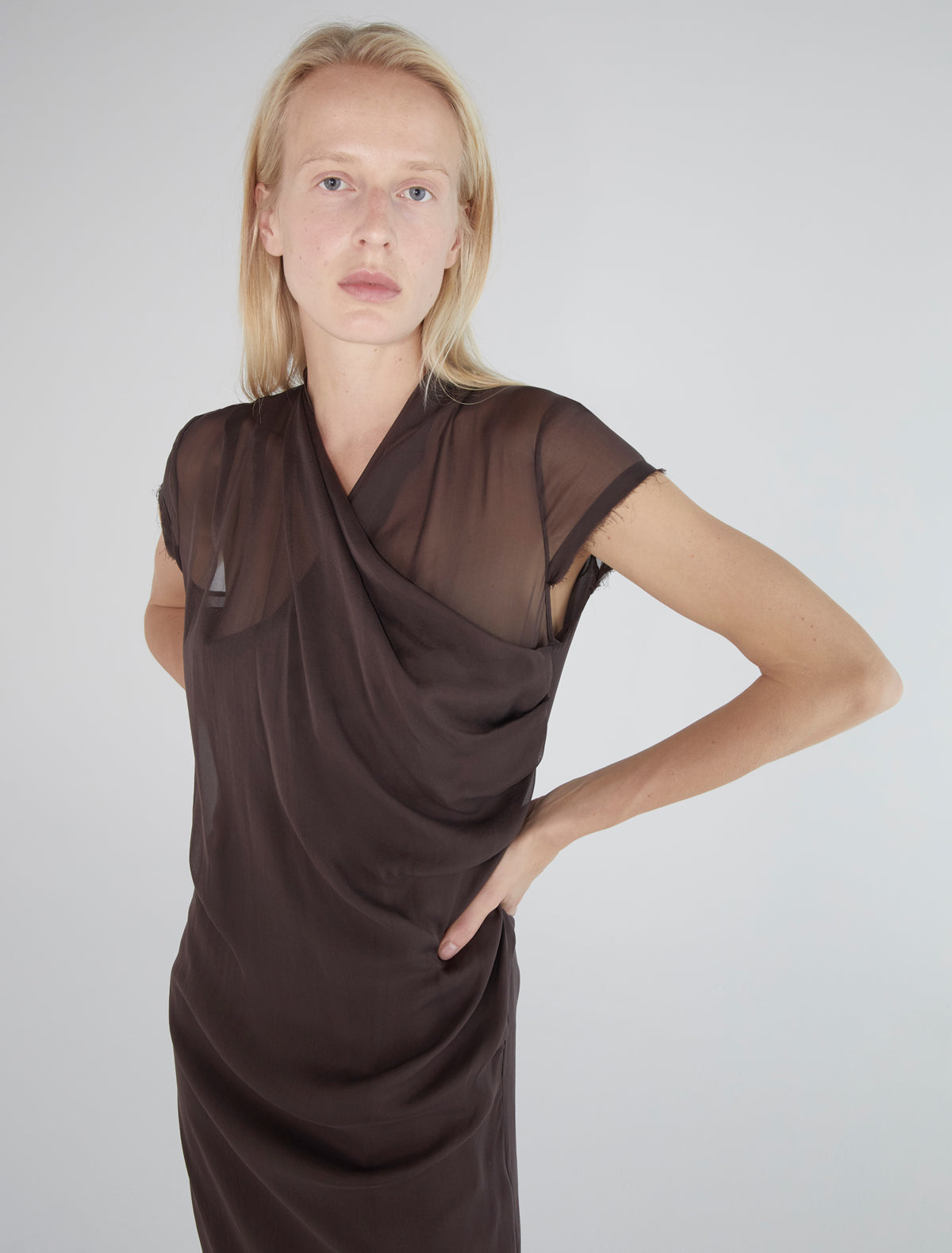 Sully long silk dress crossover neckline brown