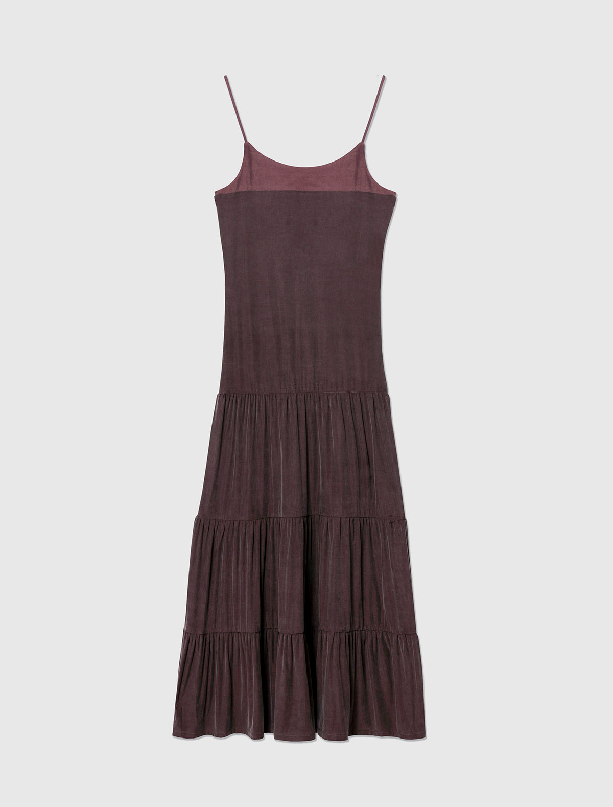 Naro long strappy cupro dress with ruffle detailing aubergine