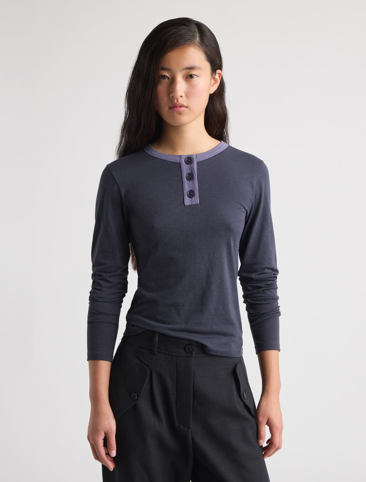 Alda long sleeve fitted cotton top button placket contrast piping navy