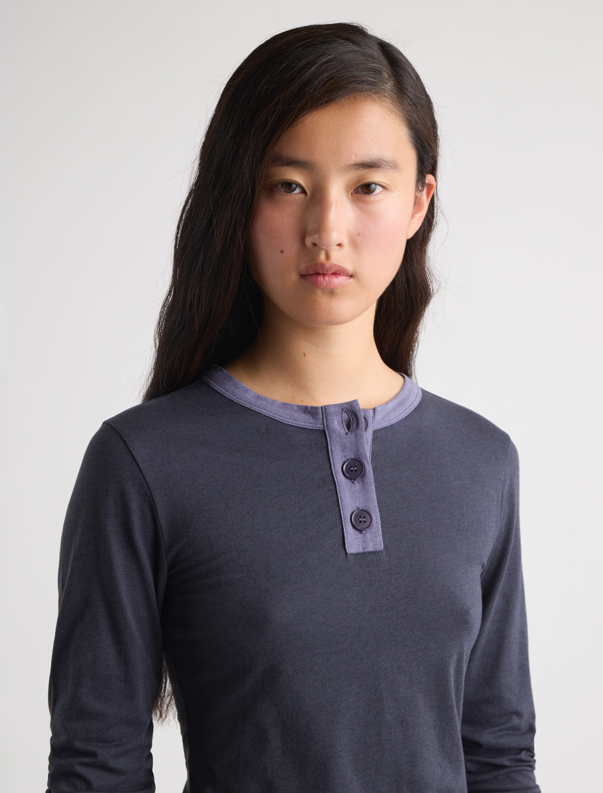 Alda long sleeve fitted cotton top button placket contrast piping navy