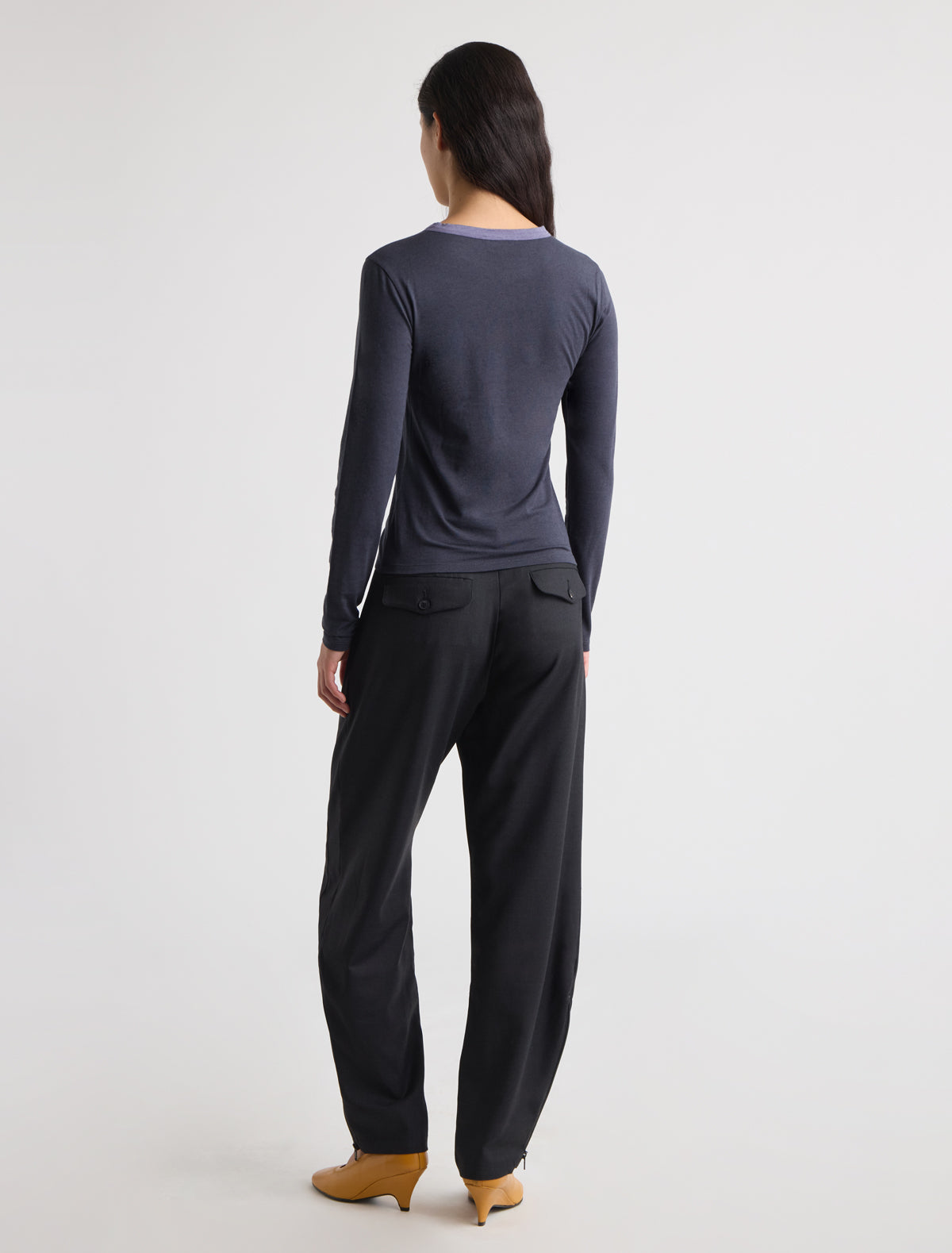 Alda long sleeve fitted cotton top button placket contrast piping navy
