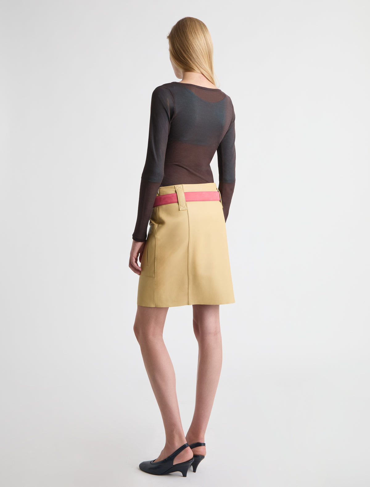 Miracla leather skirt wide belt loops patch pockets yellow