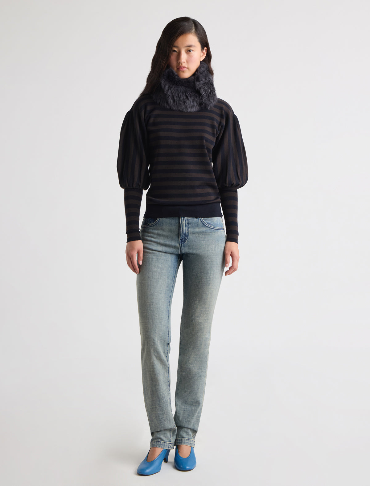 Marmol striped knitted top puff sleeves pleated detailing shoulders navy