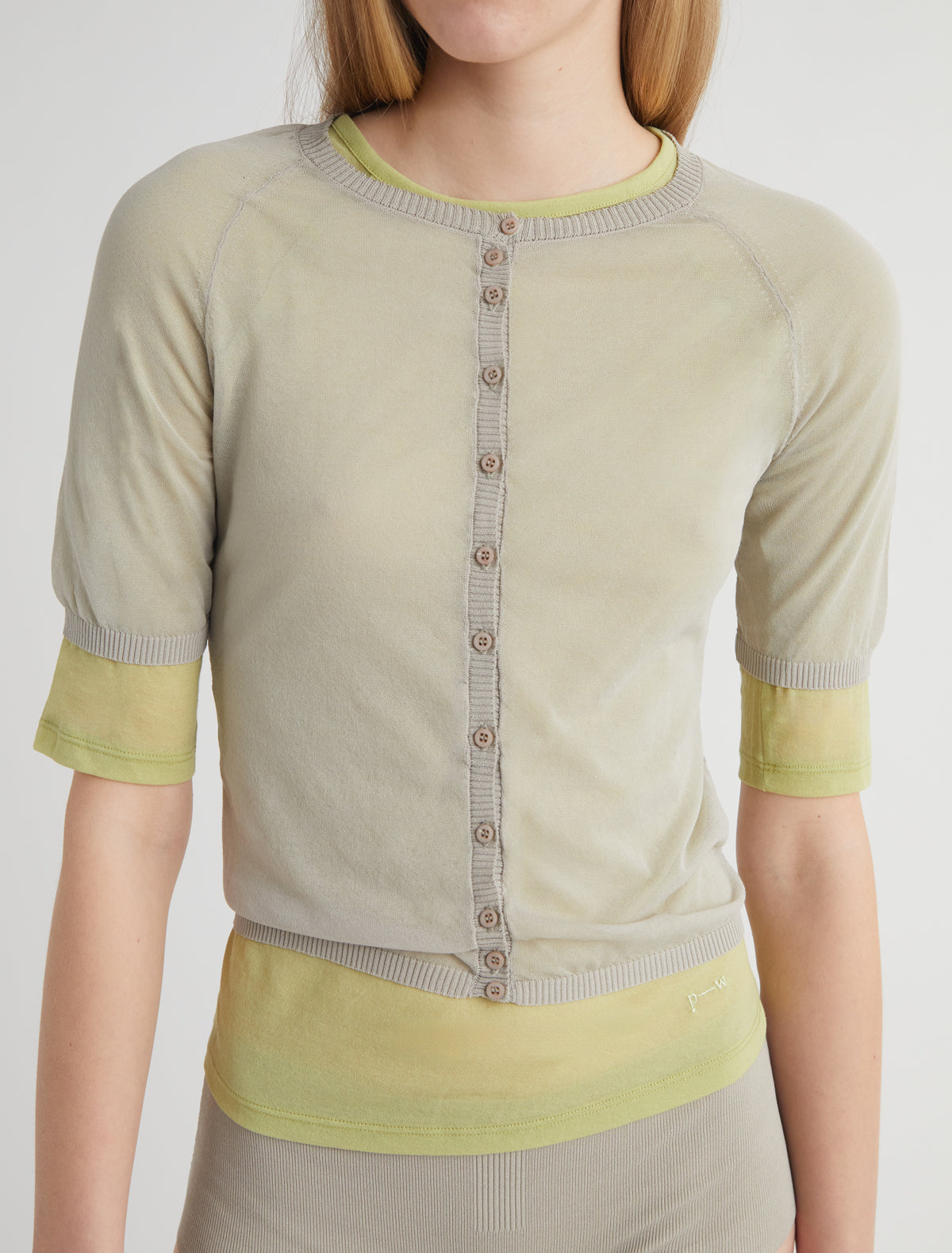 PATINELA-Beige short-sleeve knit cardigan with front button