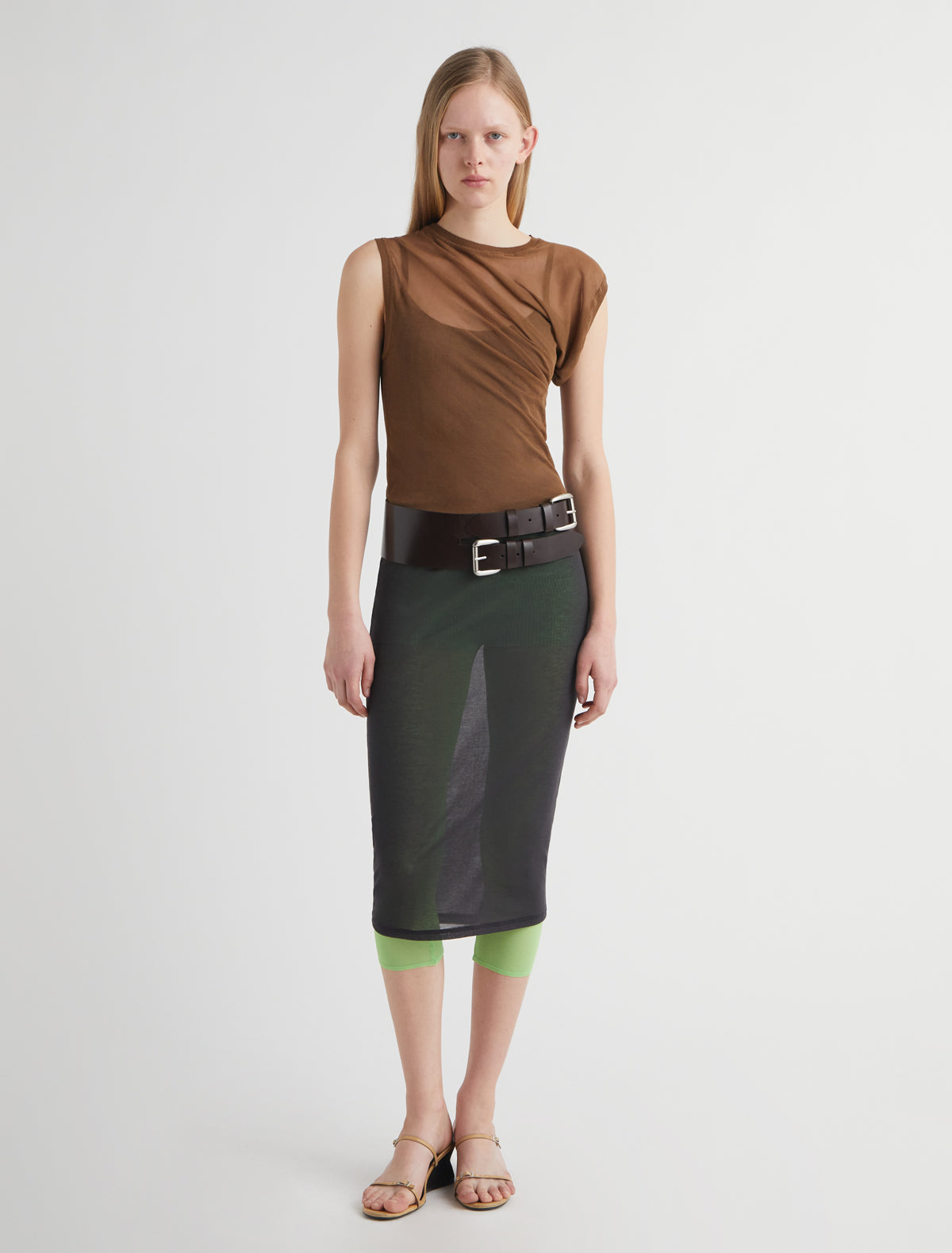 RAVEN II-Brown asymmetrical knit top with draped detailing