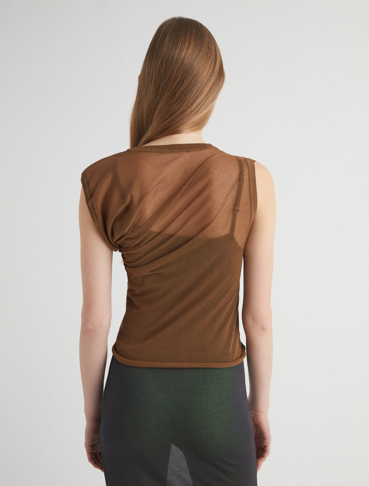 Raven ii asymmetrical knit top draped detailing brown
