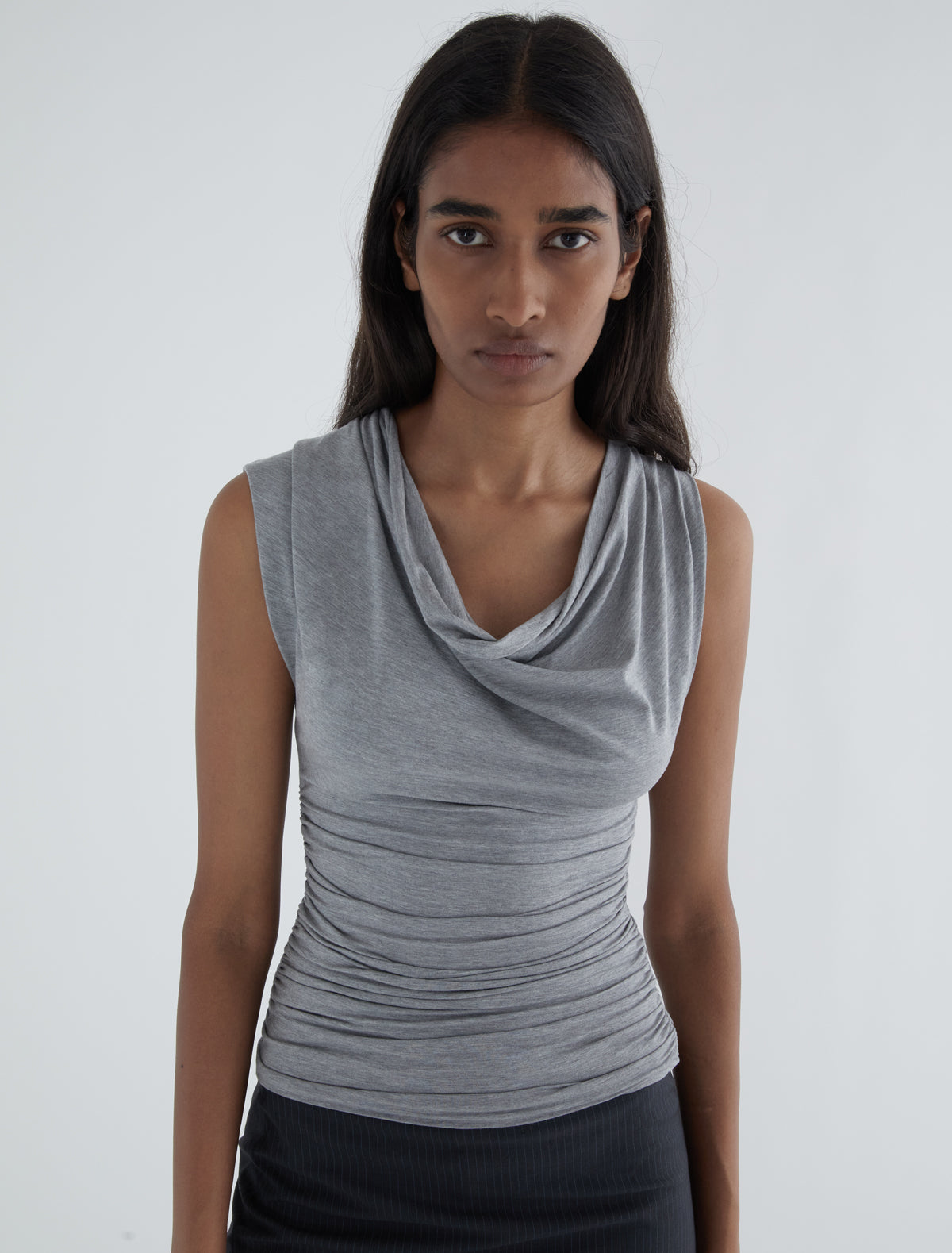 Serafin sleeveless top draped neckline asymmetric shoulders
