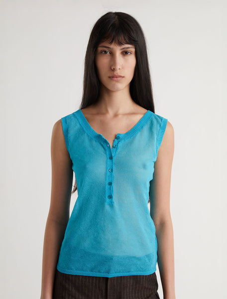 VELATA-Blue sleeveless top with a front placket detail – paloma wool