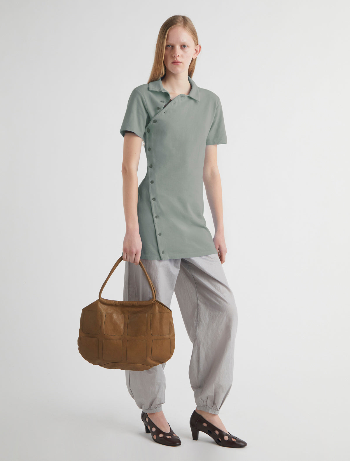 Nico short sleeved asymmetric buttoned dress khaki