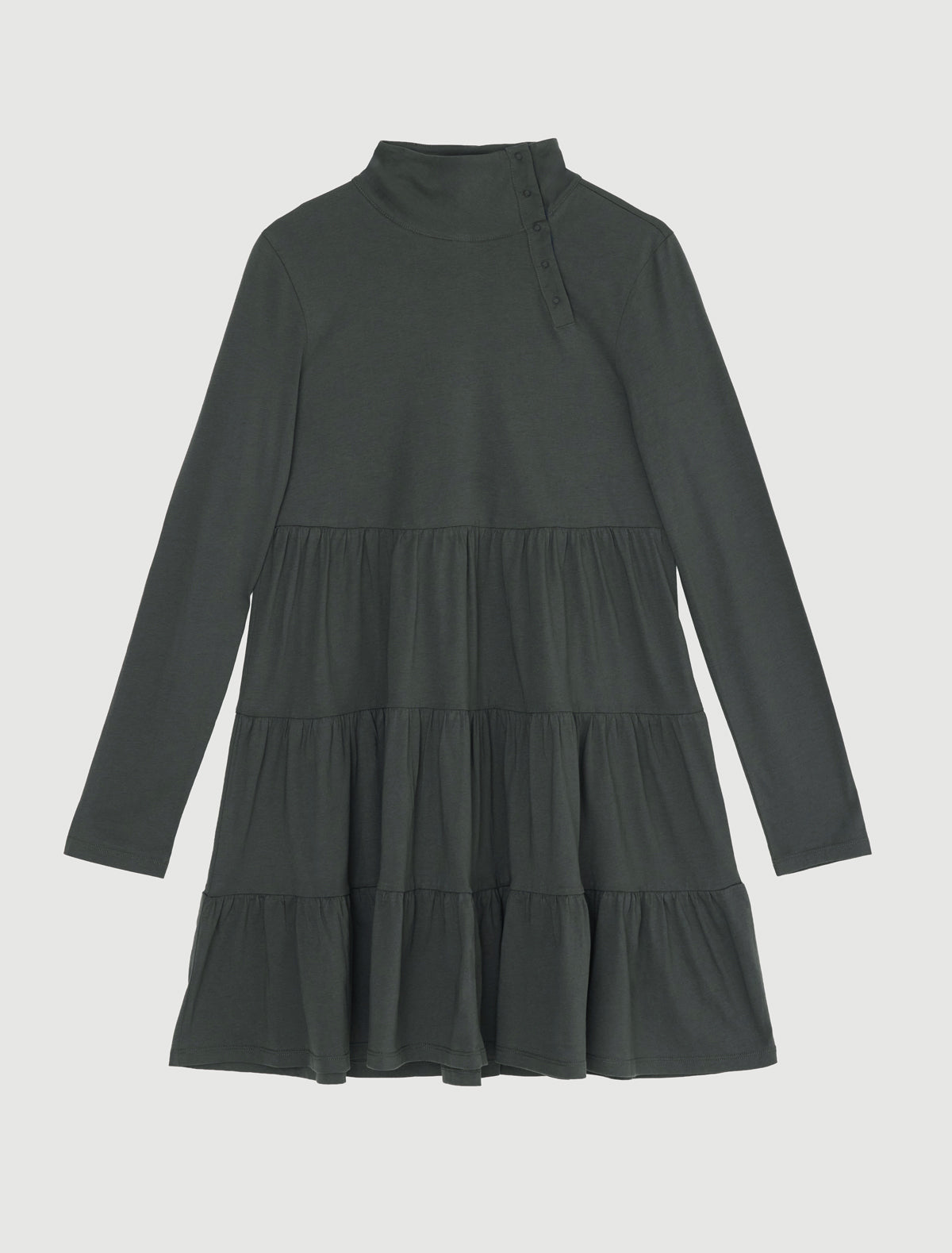 Vera long sleeve cotton dress high neckline off center placket khaki